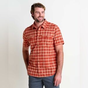 Toad&Co Smythy Short Sleeve Shirt Red Plaid Button Front Outdoors Comfy Chores